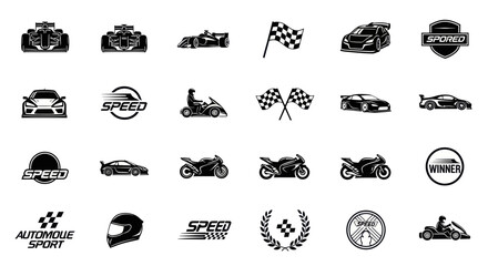 Fototapeta premium Automotive Sport Icons: Cars, Motorcycles, Racing, Speed, Winner Badges