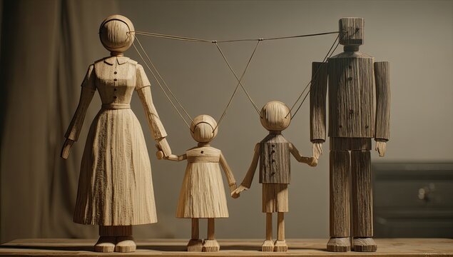 Wooden marionette family on strings