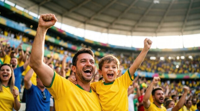 Excited father and son cheering for their team at a crowded sports stadium. Family bonding, sports fandom and victory celebration at a soccer match.
