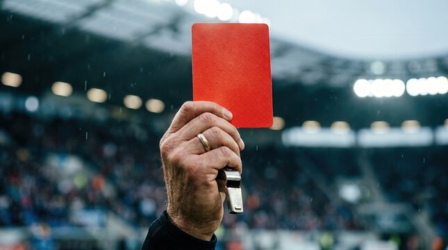 Soccer red card and penalty concept, referee hand holding red card in stadium. Rejection, failure and business warning for disciplinary violation.