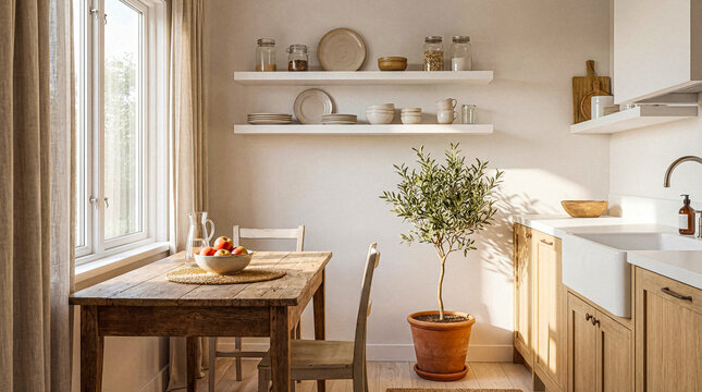 Cozy and bright minimalist kitchen interior with wooden furniture, open shelving, and a potted olive tree by the window.
