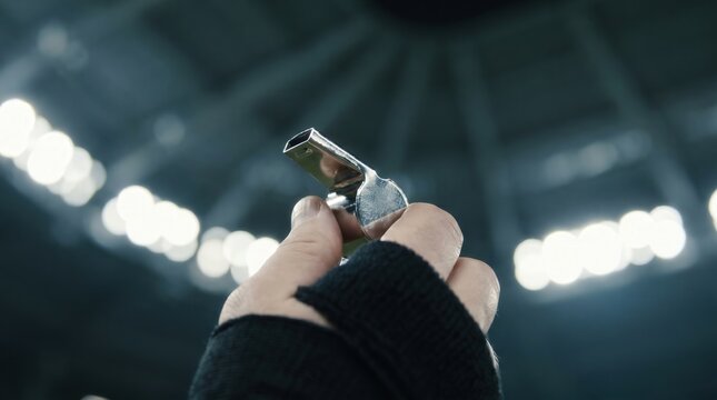 Silver referee whistle held by official in a stadium under floodlights. Sports coaching, fair play and game officiating concept for athletics.
