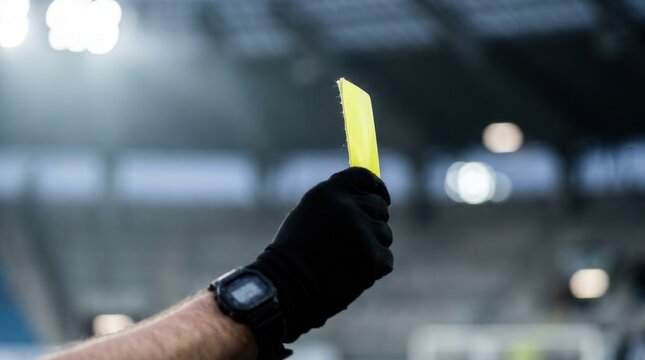 Referee holding up a yellow card during a football match in a stadium. Penalty, warning and disciplinary action during soccer game.