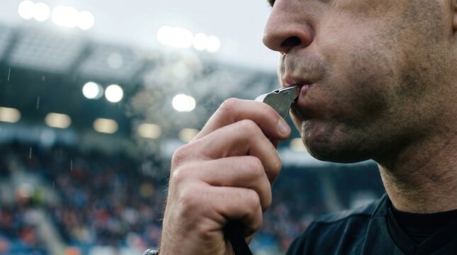 Soccer referee blowing metal whistle during evening match at outdoor stadium. Sports officiating, fair play and game management concept in cold weather tournament.