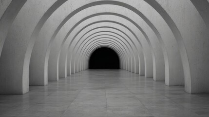 Obraz premium A symmetrical, minimalist tunnel with white arches and a polished floor leading into darkness.