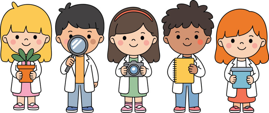 Group of diverse happy children wearing lab coats holding science tools vector illustration for STEM education and learning