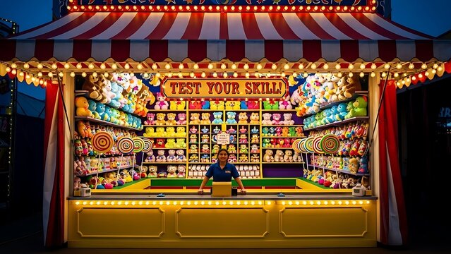 Carnival Game Booth with Prizes and Lights at Night.