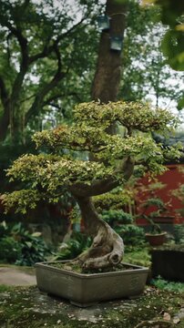 Chengdu, Sichuan, China. Garden Area Of Wuhou Memorial Temple. Ornamental Bonsai Tree. Bamboo Bushes On Background. Many Sorts Of Bonsai Wide Spread Of Cypresses, Willows, Ginkgo And Bamboos
