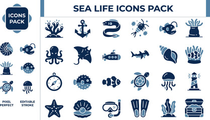 Submarine nautical navigation and scuba gear solid blue icons © Pixel_Forge