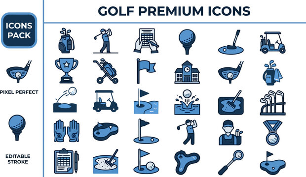 Golf Premium and Club outline icon set. Featuring golf ball, club, tee, flag, and golf cart symbols. Editable stroke vector icons for golf course resort and country club catalog design.