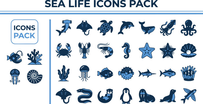Marine crustaceans ocean predator and sea animal solid blue icons