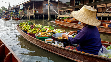 Obraz premium Woman in traditional hat cooking a meal on a boat in a vibrant floating market in Thailand.