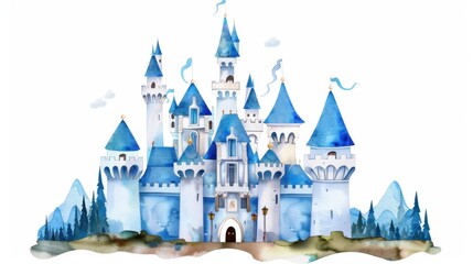 Obraz premium Fantasy castle illustration with blue rooftops and whimsical towers surrounded by nature in a magical landscape
