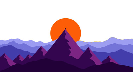 A lone figure stands atop a mountain silhouetted against a vibrant sun © MD