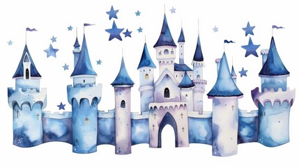 Obraz premium Enchanting Fairytale Castle with Blue Turrets and Stars Perfect for Children's Dreams and Fantasy Themes