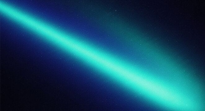 A vibrant cyan light streak diagonally crosses a dark, speckled space background.