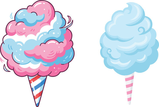 Playful vector illustration of swirled cotton candy in pink and blue on striped cones, featuring a dynamic and fluffy cartoon style for sweets and carnival-themed designs.