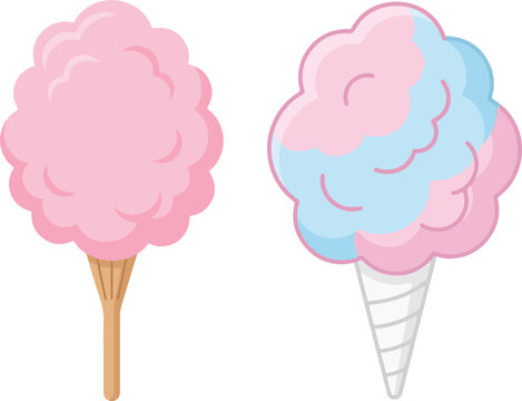Cute vector illustration of fluffy cotton candy in pink and blue, shown on a stick and in a cone, perfect for sweets, carnival, and dessert-themed designs.