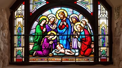 Obraz premium Intricate Stained Glass Window Depicting Nativity Scene with Holy Family and Worshippers in a Church Setting