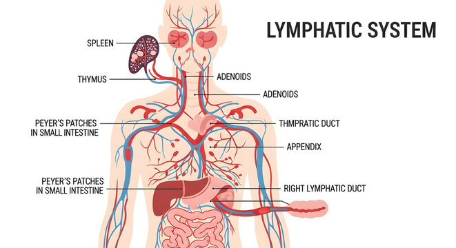 Anatomical illustration of the human lymphatic system, detailing the spleen, thymus, adenoids, Peyer's patches, appendix, and lymphatic ducts for educational and medical purposes