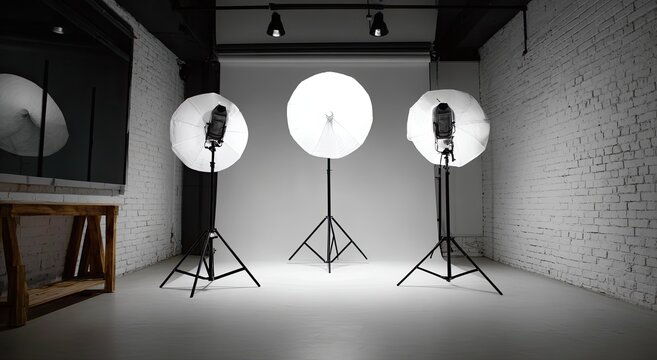 Photography studio with three softbox lights on stands