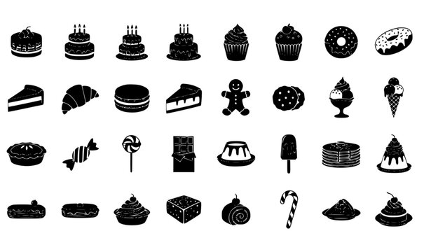 Cake and dessert silhouette icon set black bakery sweets collection with cupcakes donuts pies and celebration cakes isolated on white