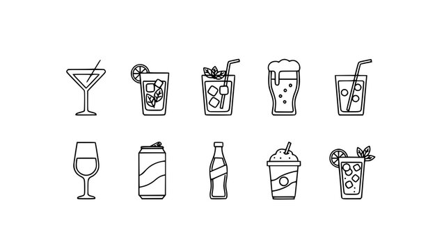 Thin line beverage and cocktail icons vector set in horizontal layout with drinks refreshment glasses and bar symbols