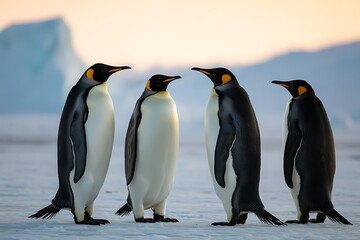 Fototapeta premium Four penguins standing on ice, Antarctic wildlife scene, black and white birds, cold climate animals