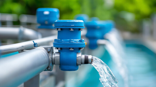 Industrial filtration system treating contaminated water with visible foam and filtration tanks, environmental water treatment and sustainability concept, defocused background,