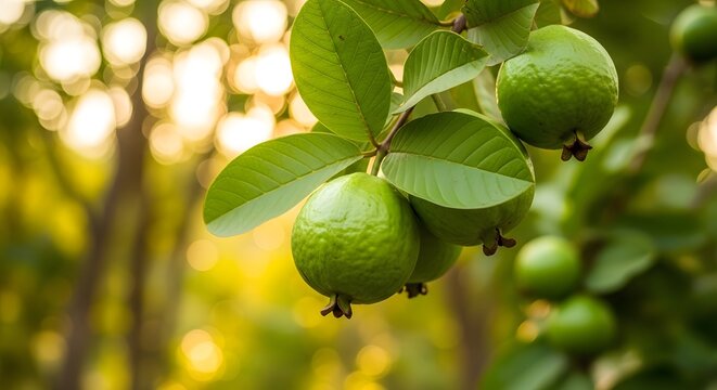Fresh feijoa fruits hanging on branch