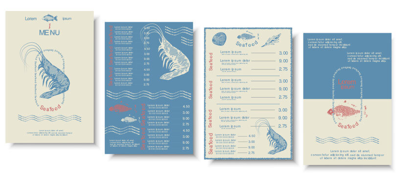 Seafood restaurant menu template with shrimp illustration, nautical wave patterns, and minimalist layout. Vector ocean sea fish restaurant card background front and back sheet design