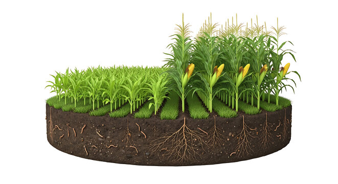 Vibrant illustration of corn development, from sprouting seedlings to mature cobs, deeply rooted in rich soil