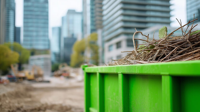 Construction clean-up scene with a green dumpster overflowing with debris, building waste management concept, defocused background, with copy space