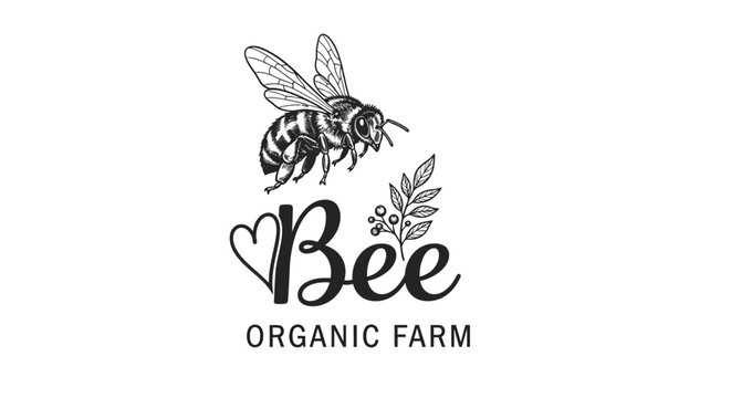 Organic farm logo, bee illustration, eco friendly symbol, vector icon