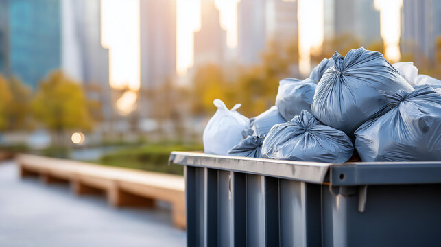 Large dumpster filled with bags of trash in a city area during daylight hours, urban waste management concept, defocused background, with copy space