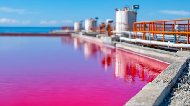 Red mud tailings pond with containment walls and monitoring devices, industrial waste management and environmental safety concept, defocused background, with copy space