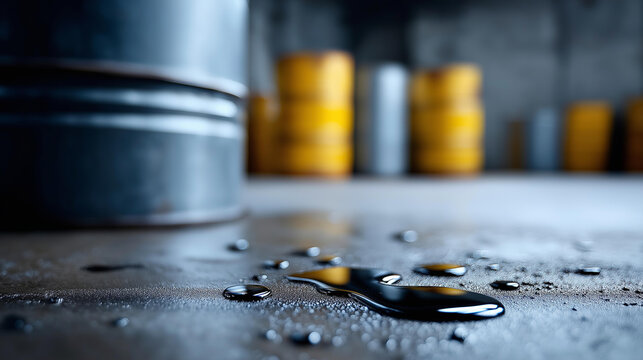 Industrial scene with oil spills on a concrete floor and barrels in the background, hazardous material storage and environmental risk concept, defocused background, with copy space
