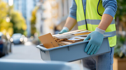 Fototapeta premium Worker in gloves pushing a dirty waste bin filled with cardboard and debris in an urban environment, waste collection and management lifestyle concept, defocused background, with