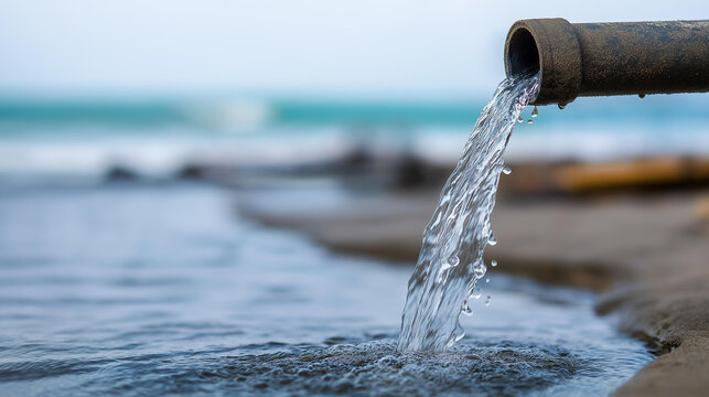 Industrial pipe discharging waste water onto a beach, environmental pollution and water waste awareness concept, defocused background, with copy space