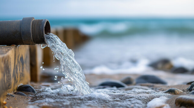 Industrial pipe discharging waste water onto a beach, environmental pollution and water waste awareness concept, defocused background, with copy space