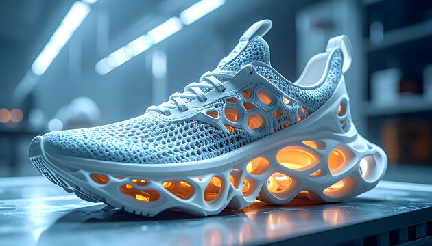 Sock sneaker featuring a 3D printed lattice midsole and knitted upper displayed in a tech lab with cool industrial lighting generative AI
