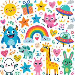 Obraz premium Kawaii Doodle Pattern with Cute Animals, Monsters, and UFOs