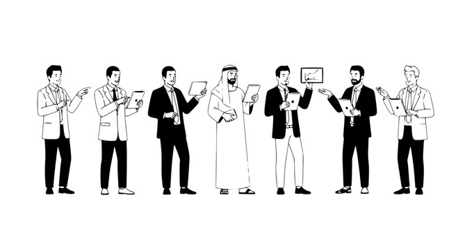 Diverse businessmen with tablet UI line icon vector set isolated on white background