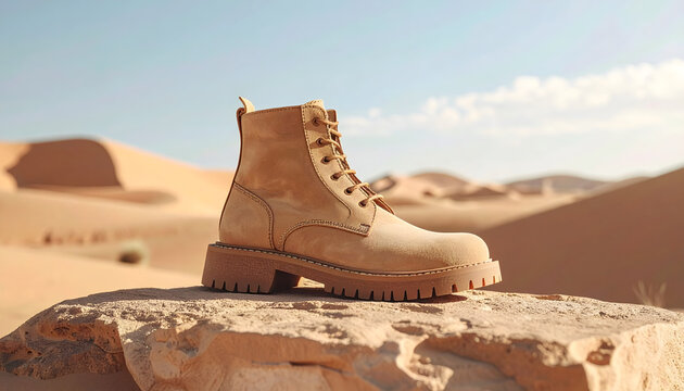 Desert boot made of sand colored nubuck leather on a sandstone block with a crepe sole in soft diffused daylight generative AI