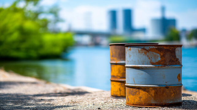 Rusty barrels at an industrial pollution and waste disposal site, environmental hazard and cleanup concept, defocused background, with copy space
