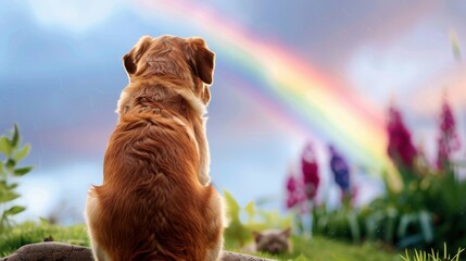 Obraz premium Golden Retriever Dog Sitting on Grass with Colorful Rainbow and Flowering Plants in the Background Under Dramatic Sky