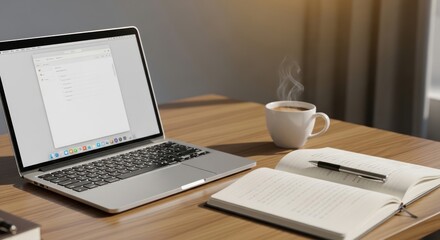 Fototapeta premium laptop on wooden desk with notebook and coffee
