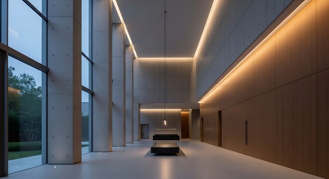 Contemporary minimalist lobby design with sleek lighting and modern furniture