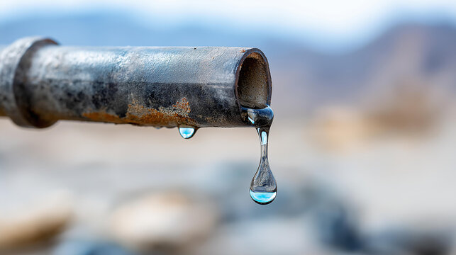 Oil dripping from a pipe in a dry desert area next to a broken natural gas pipeline, environmental pollution and industrial hazard concept, defocused background, with copy space