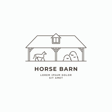 Horse barn minimal line art logo design. Horse ranch, countryside symbol logo icon vector illustration